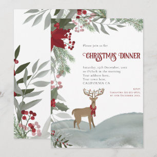 Invitación Renos de Navidad Bayas Rojas Follaje Gris Nieve