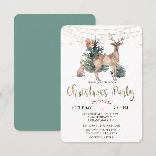 Invitación Renos de Navidad, Fiesta de Navidad en el Bosque (Anverso / Reverso)