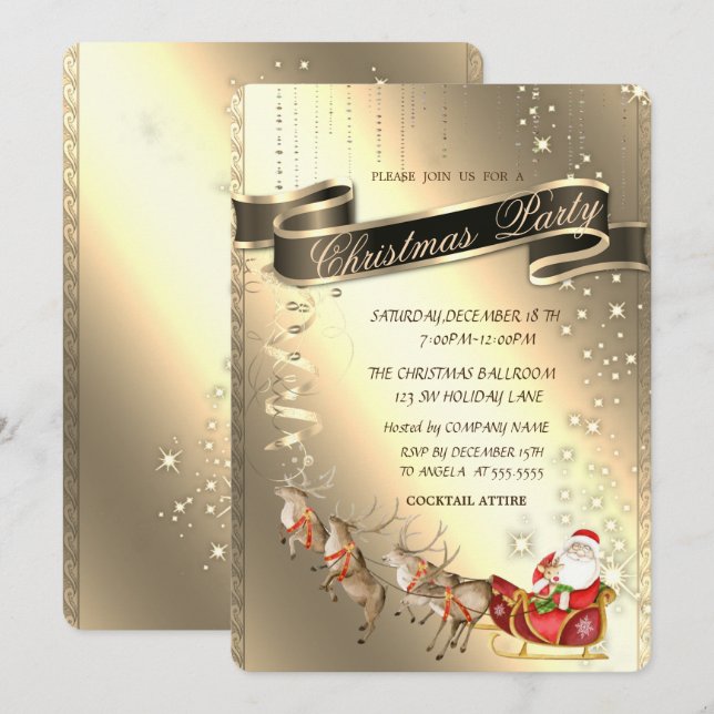 Invitación Renos, Papá Noel, Trineo Compañía de Navidad (Anverso / Reverso)