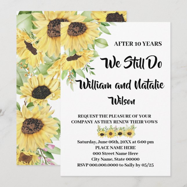 Invitación Renovación de aniversario de Boda de girasoles pro (Anverso / Reverso)