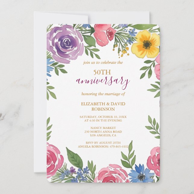 Invitación renovación de flores de acuarela 50 aniversario bo (Anverso)