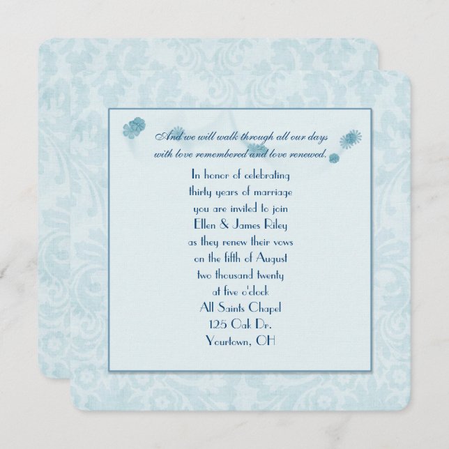 Invitación renovación de la promesa de damasco de aqua pastel (Anverso / Reverso)