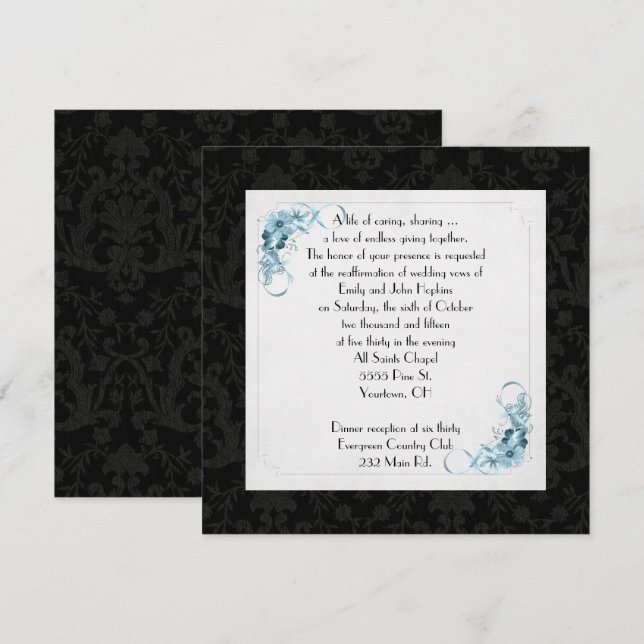 Invitación Renovación de la promesa del marco de Damask negro (Anverso / Reverso)