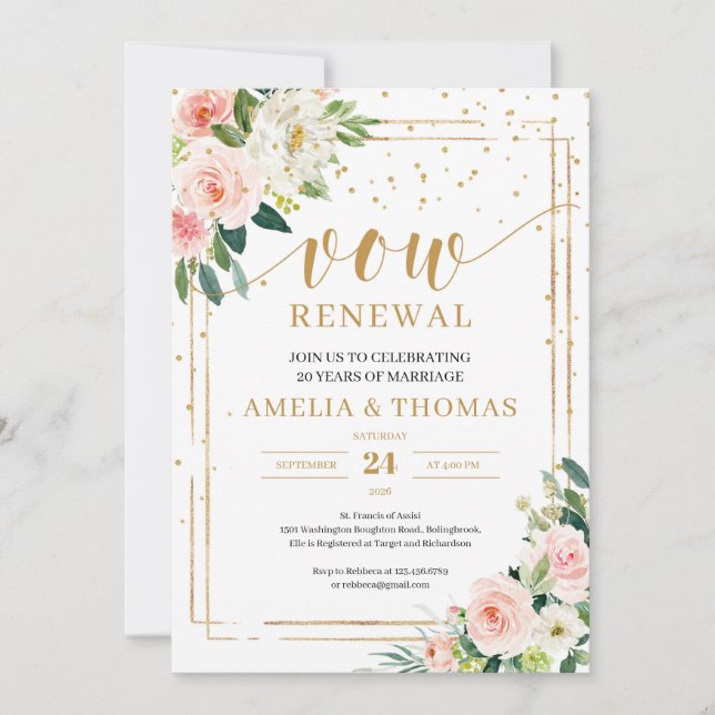 Invitación Renovación de la promesa del marco dorado floral r (Anverso)