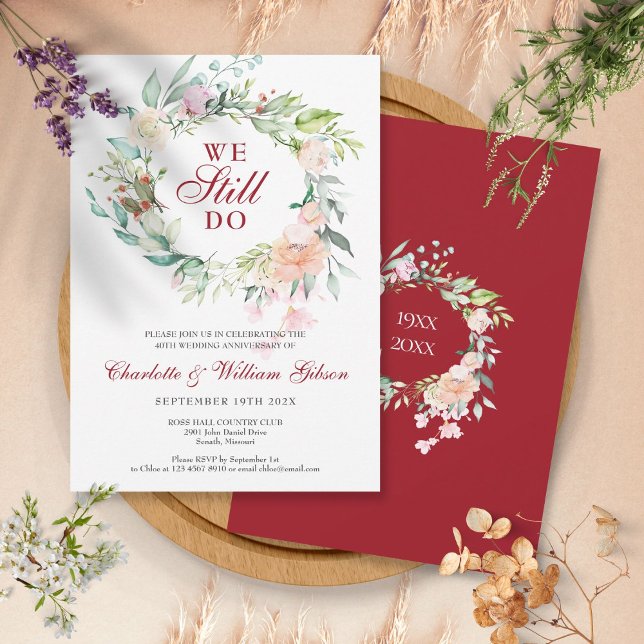 Invitación Renovación de votos de aniversario de bodas de rub (40th Wedding Ruby Anniversary Vow Renewal Floral Invitation)