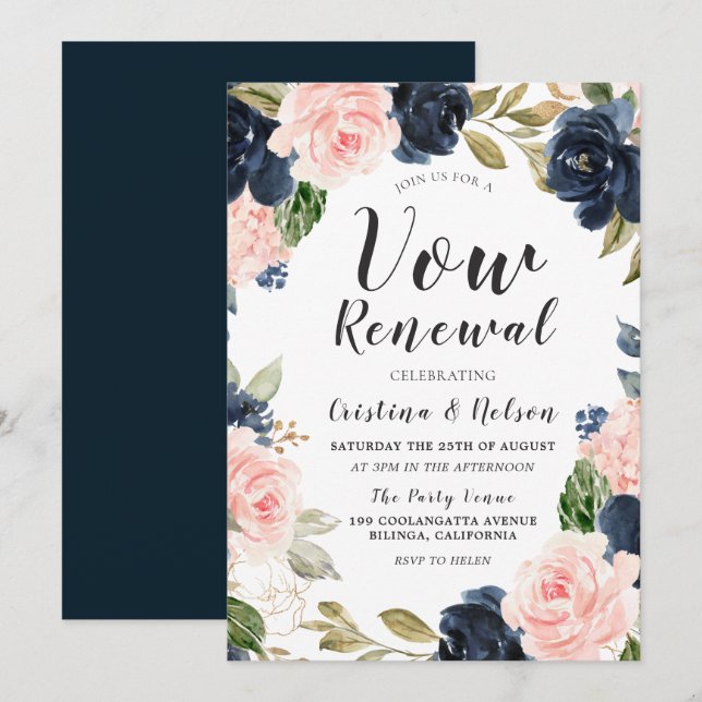 Invitación Renovación de votos de boda acuarela azul marino r (Anverso / Reverso)