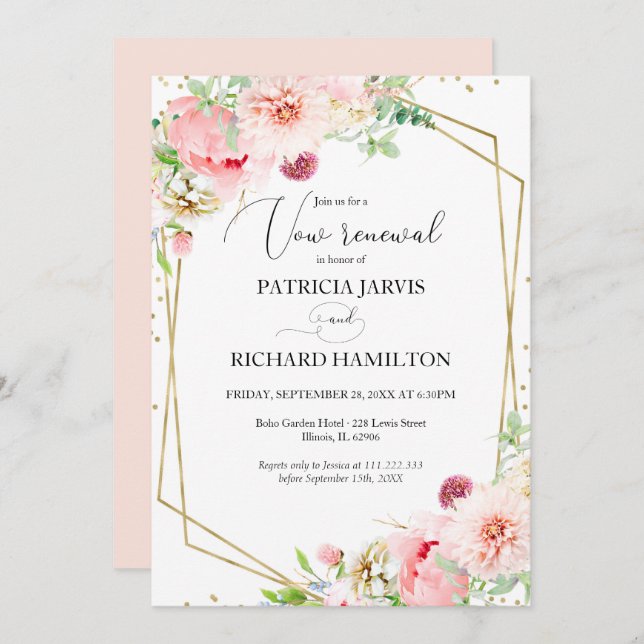 Invitación Renovación de votos de boda geométrica floral eleg (Anverso / Reverso)