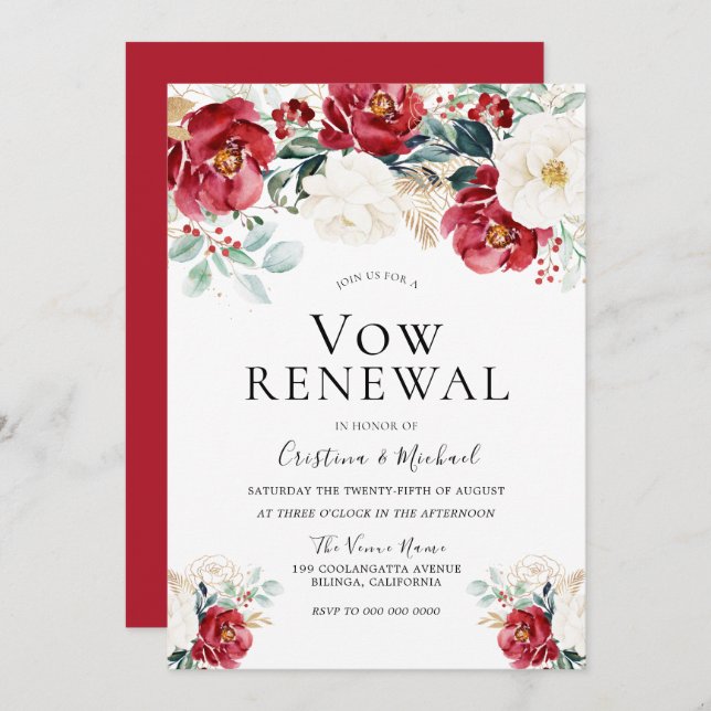 Invitación Renovación de votos de matrimonio festiva de rojo  (Anverso / Reverso)