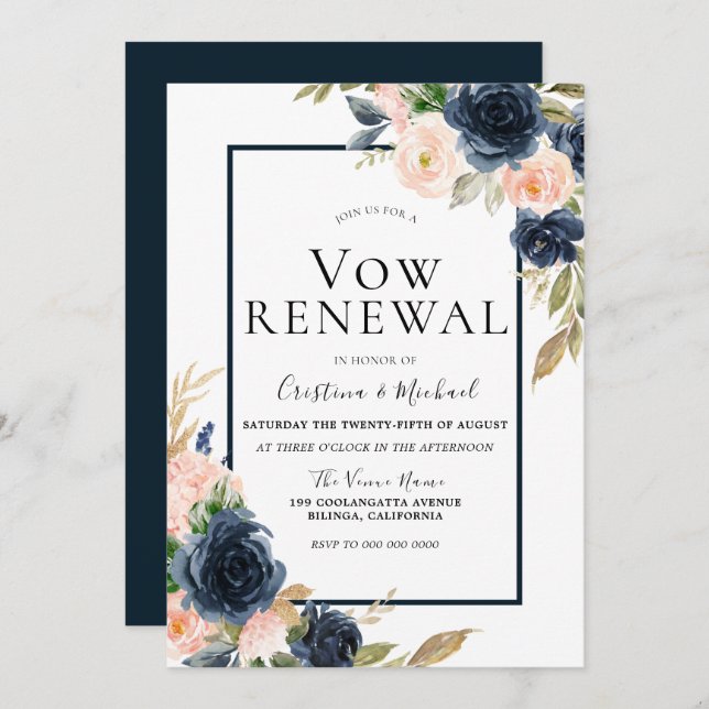 Invitación Renovación de votos elegante floral azul marino y  (Anverso / Reverso)