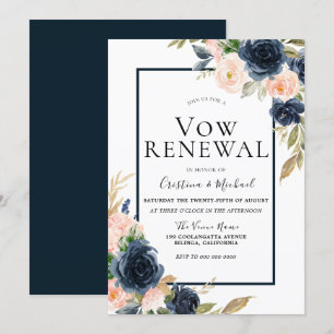 Invitación Renovación de votos elegante floral azul marino y 