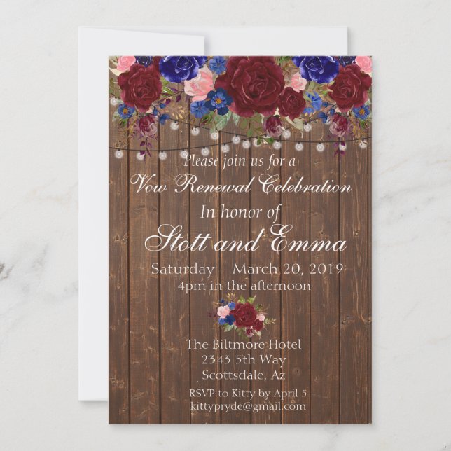 Invitación Renovación de Votos Floral de Madera Burgundy Rúst (Anverso)