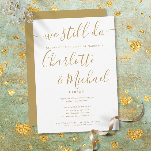 Invitación Renovación del aniversario de la promesa de oro qu (Gold We Still Do Script Vow Renewal Anniversary Invitation)