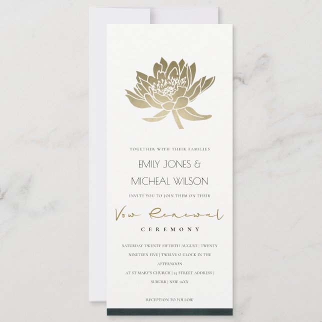 Invitación Renovación del juramento floral de oro verde esmer (Anverso)