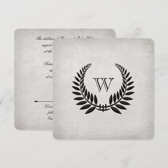 Invitación Renovación del voto de Laurel Negro Monogramado (Anverso / Reverso)