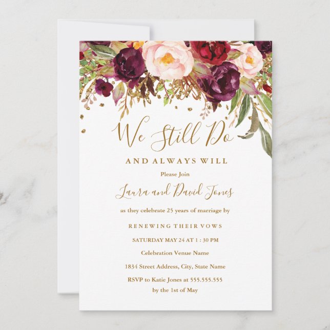 Invitación Renovación del voto rojo borgoña floral (Anverso)