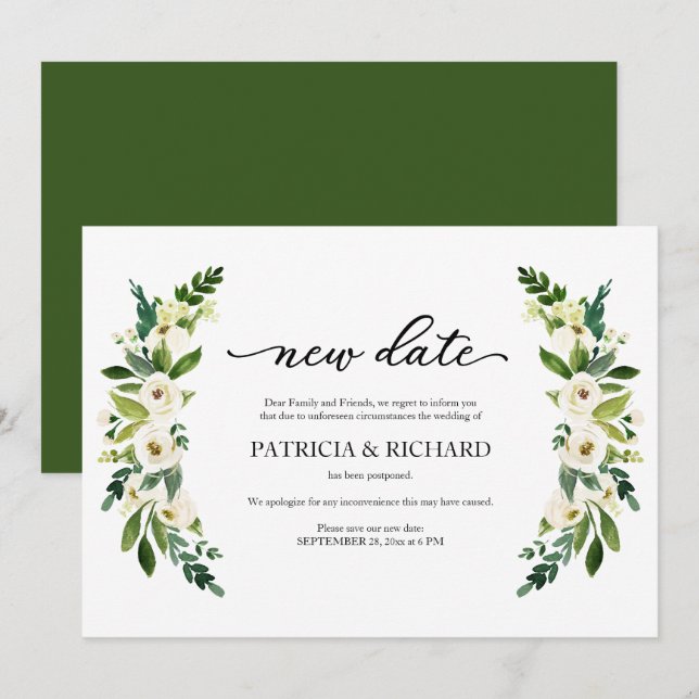 Invitación Renovación Floral Verde Nueva Fecha de Boda Aplaza (Anverso / Reverso)