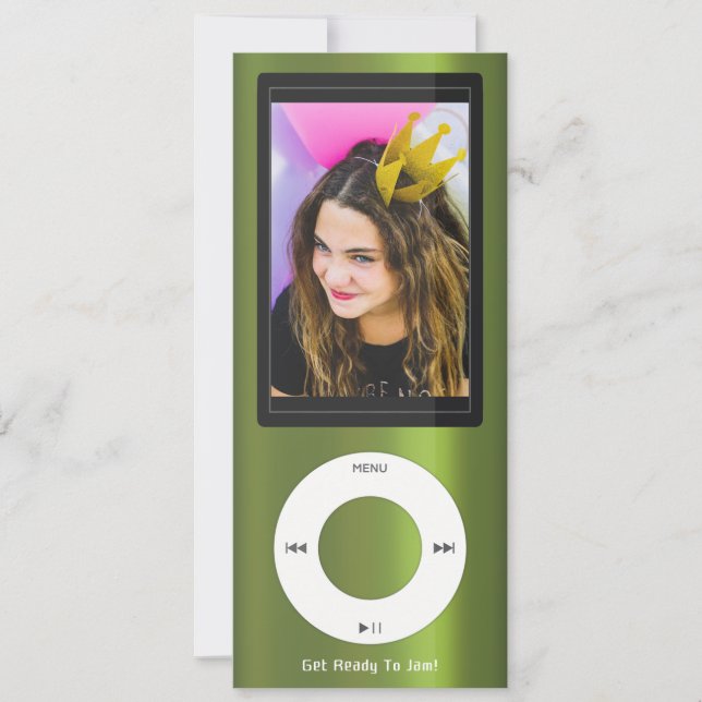 Invitación Reproductor de música MP3 verde cumpleaños (Anverso)