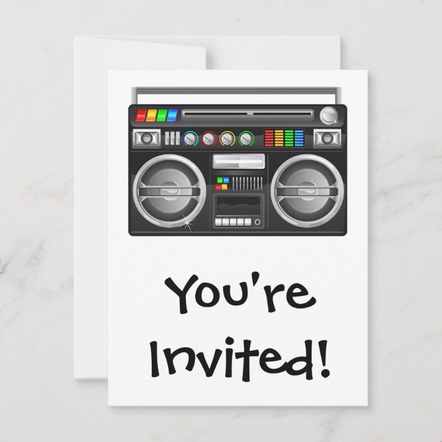 Invitación reproductor gráfico retro boombox (Anverso)