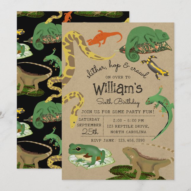 Invitación Reptile, Lizards & Amphibians Kids Birthday Kraft (Anverso / Reverso)