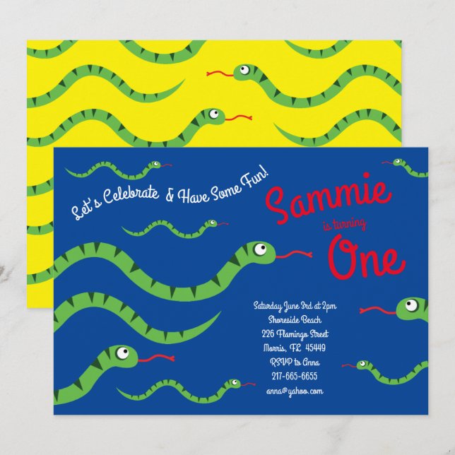 Invitación Reptiles de Serpiente Cuta Niño Fiesta de primer c (Anverso / Reverso)