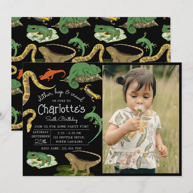 Invitación Reptiles, moluscos y anfibios foto cumpleaños (Anverso / Reverso)