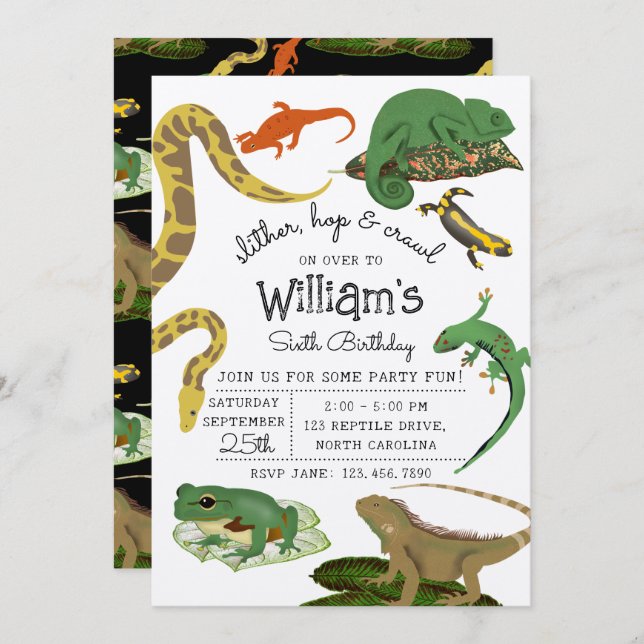 Invitación Reptiles, moluscos y anfibios niños cumpleaños Kra (Anverso / Reverso)