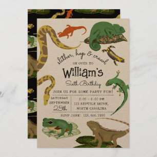 Invitación Reptiles, moluscos y anfibios niños cumpleaños Kra