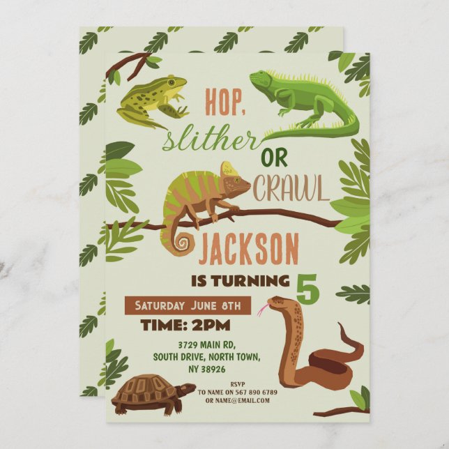 Invitación Reptiles Ranas de la fiesta de cumpleaños de la se (Anverso / Reverso)