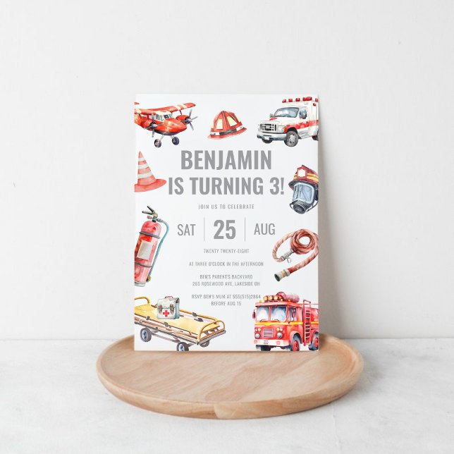 Invitación Rescate de bomberos niños con temas de tercer cump (Firefighter Rescue Themed Boys 3rd Birthday Party Invitation)