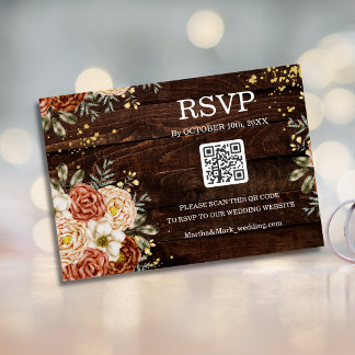 Invitación Reserva de código QR floral de madera para boda rú