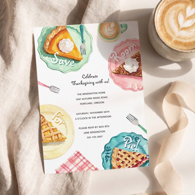 Invitación Reserva Espacio para la Fiesta Divertida de Acción (Hand Drawn Save Room For Pie Thanksgiving Dinner Invitation)
