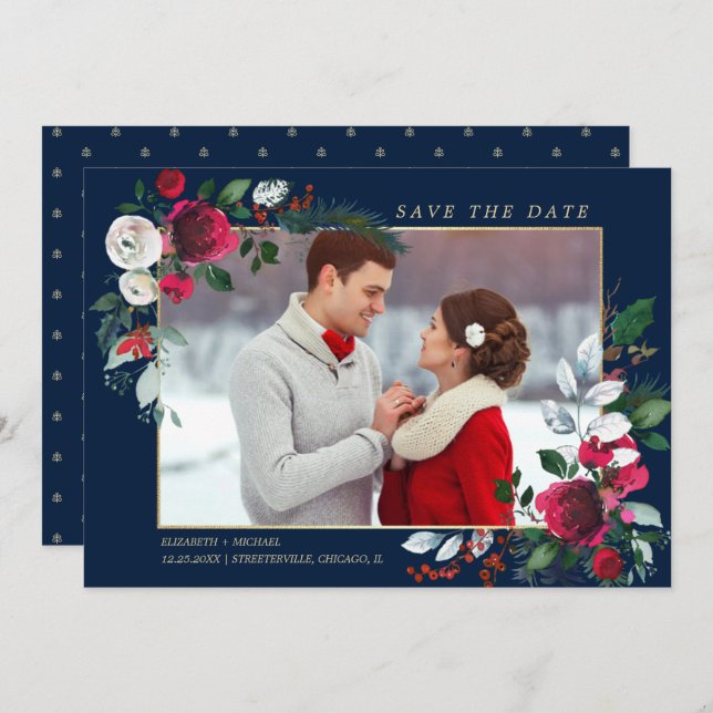 Invitación Reserva la fecha. Azul Marino | Foto de Boda de Bo (Anverso / Reverso)