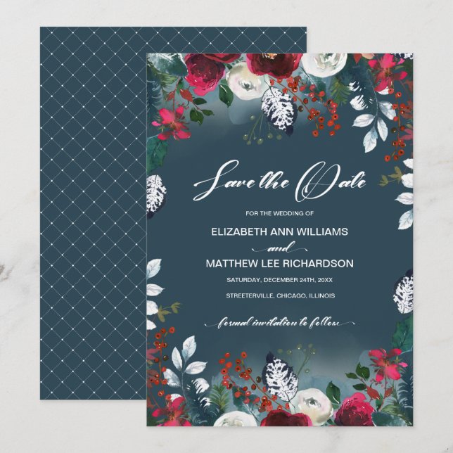 Invitación Reserva la fecha. Azul turbio | Boda de Burgundy B (Anverso / Reverso)