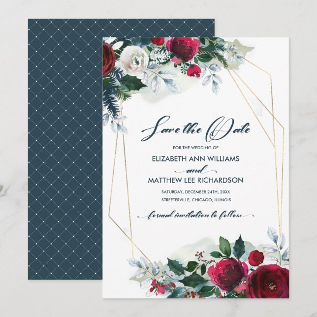 Invitación Reserva la fecha. Azul turbio | Boda de Burgundy B (Anverso / Reverso)