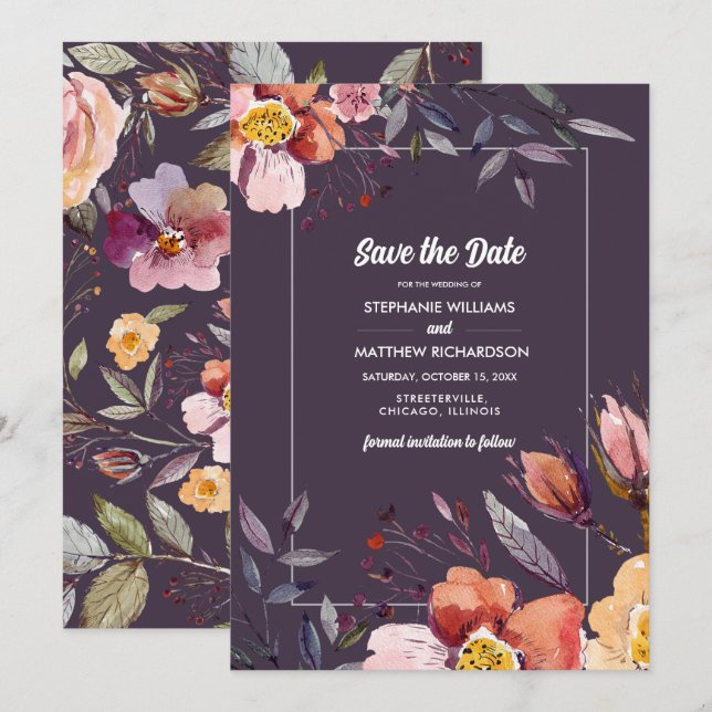 Invitación Reserva la fecha. Boda de Plum Fall Flowers (Anverso / Reverso)