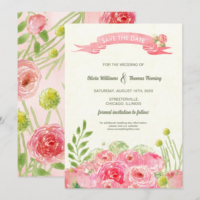 Invitación Reserva la fecha. Boda de Rosas de acuarela románt (Anverso / Reverso)