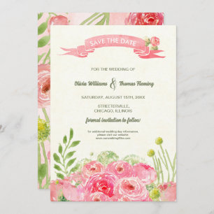 Invitación Reserva la fecha. Boda de Rosas de acuarela románt