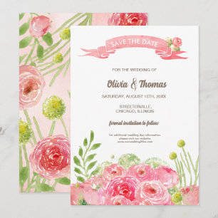 Invitación Reserva la fecha. Boda de Rosas de acuarela románt