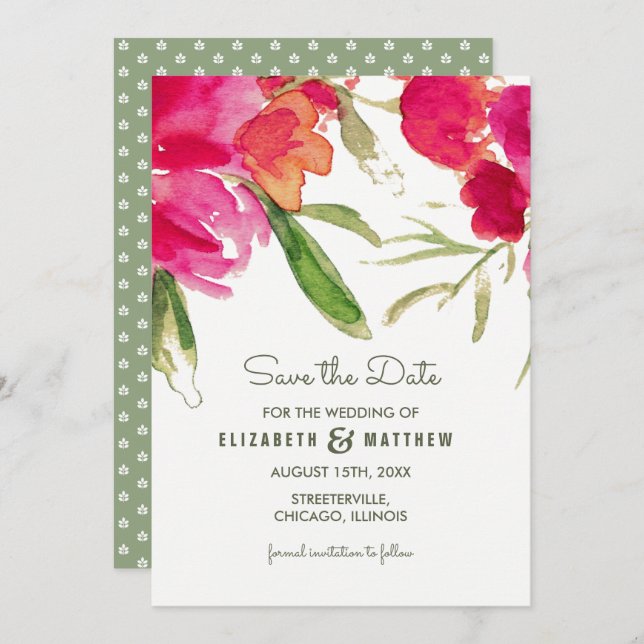 Invitación Reserva la fecha. Boda Floral Verde de Fuchsia (Anverso / Reverso)
