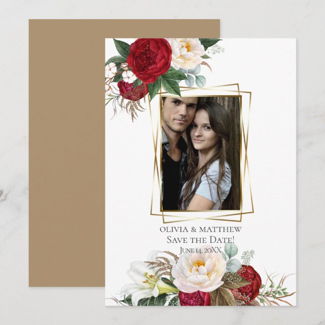 Invitación Reserva la fecha | Bouquets florales de Borgoña Pe (Anverso / Reverso)