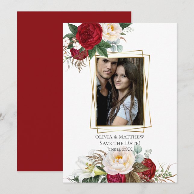 Invitación Reserva la fecha | Bouquets florales de Borgoña Pe (Anverso / Reverso)