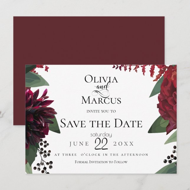 Invitación Reserva la fecha | Elegante Floral de Borgoña Mars (Anverso / Reverso)