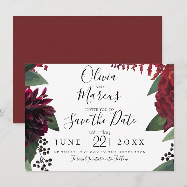Invitación Reserva la fecha | Elegante Floral de Borgoña Mars (Anverso / Reverso)