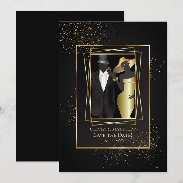 Invitación Reserva la fecha | Elegante Purpurina negro y oro (Anverso / Reverso)