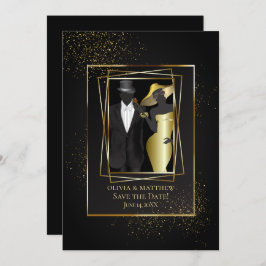 Invitación Reserva la fecha | Elegante Purpurina negro y oro