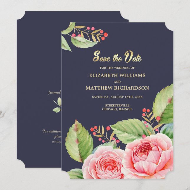 Invitación Reserva la fecha. Floral acuática azul marina (Anverso / Reverso)