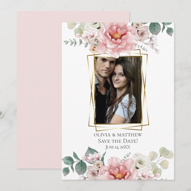 Invitación Reserva la fecha | Flores de peones rosados para b (Anverso / Reverso)