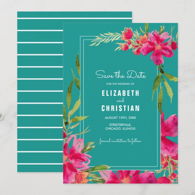Invitación Reserva la fecha. Fuchsia Turquoise Floral acuarel (Anverso / Reverso)
