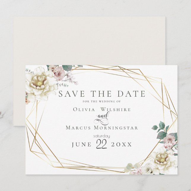 Invitación Reserva la fecha | Marfil elegante y Rubor Floral (Anverso / Reverso)