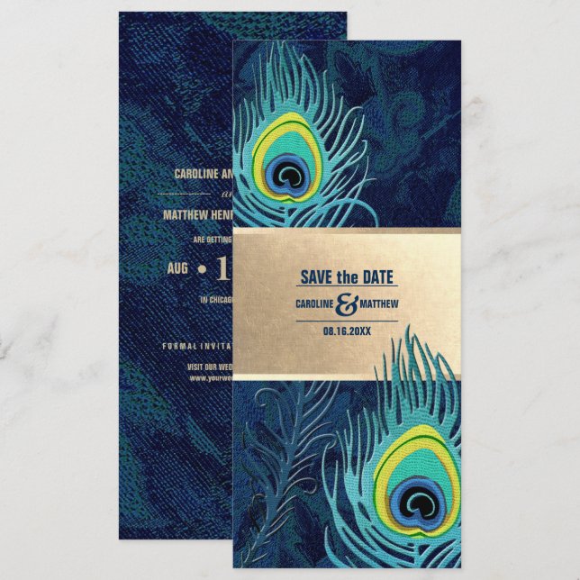 Invitación Reserva la fecha. Oro azul de la marina de plumas  (Anverso / Reverso)